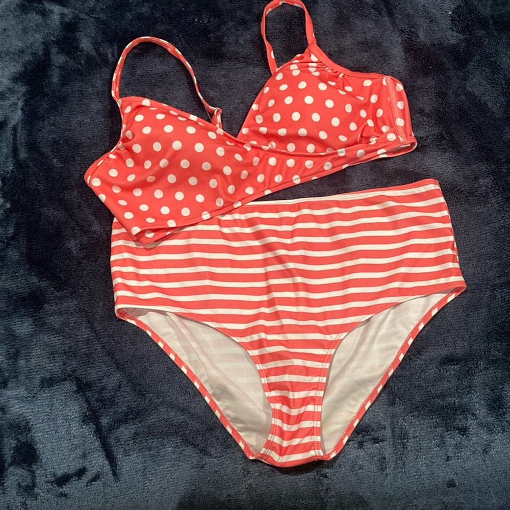 Bobbie Brooks Peach and White Polka Dot High Waisted Bikini